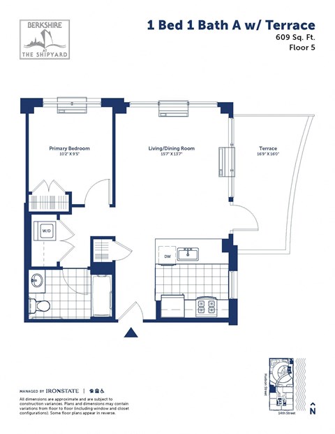 Floor plan for 1 bed, 1 bath, 609 sqft